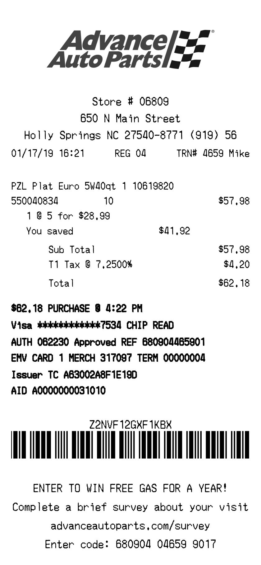 Advance Auto Parts receipt