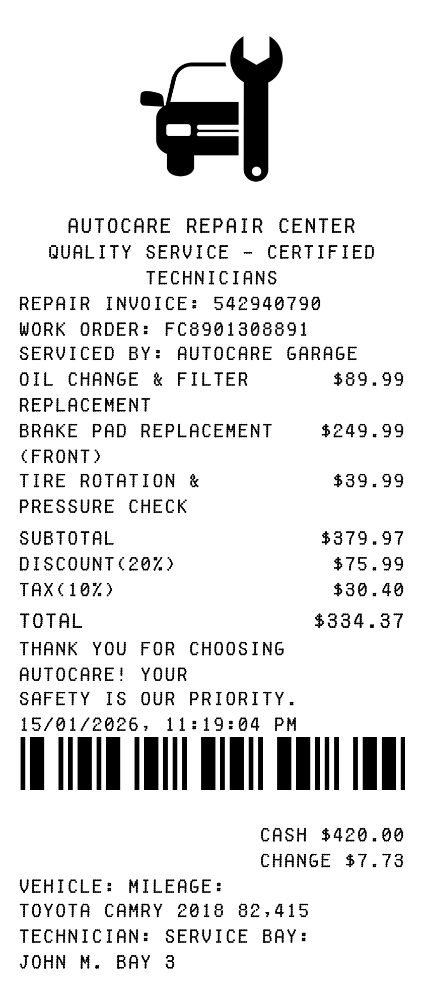 AutoCare Repair Center receipt