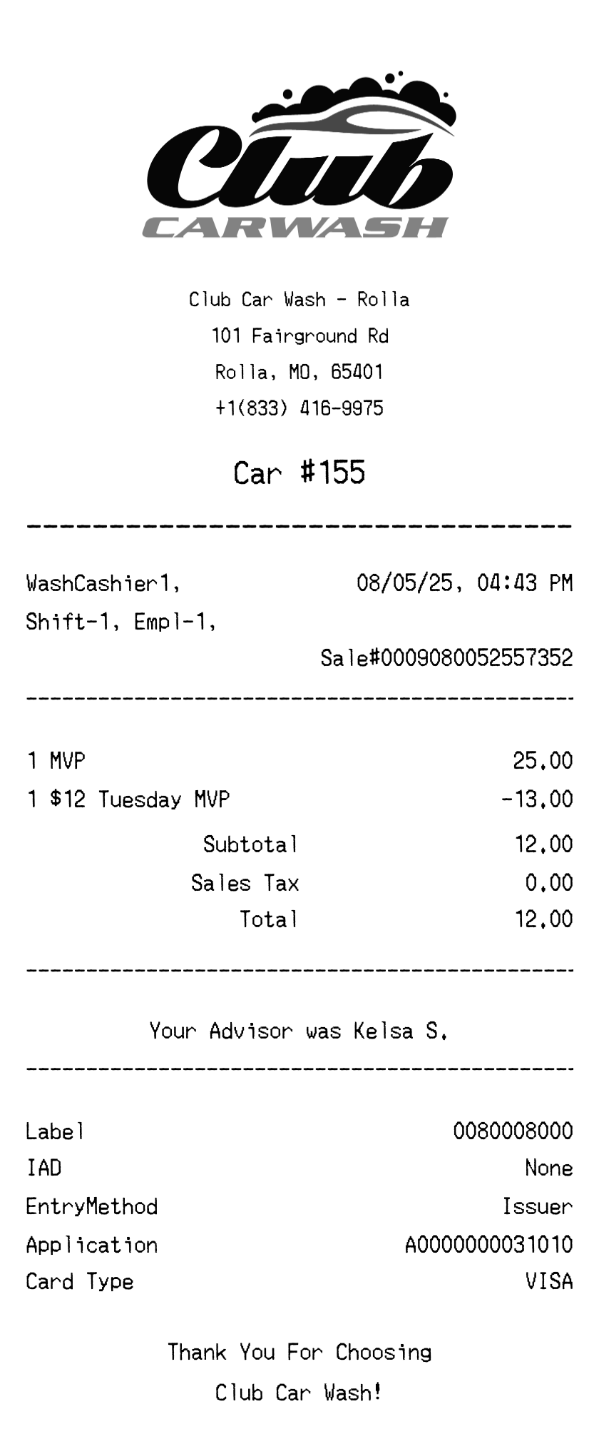 Club Car Wash receipt