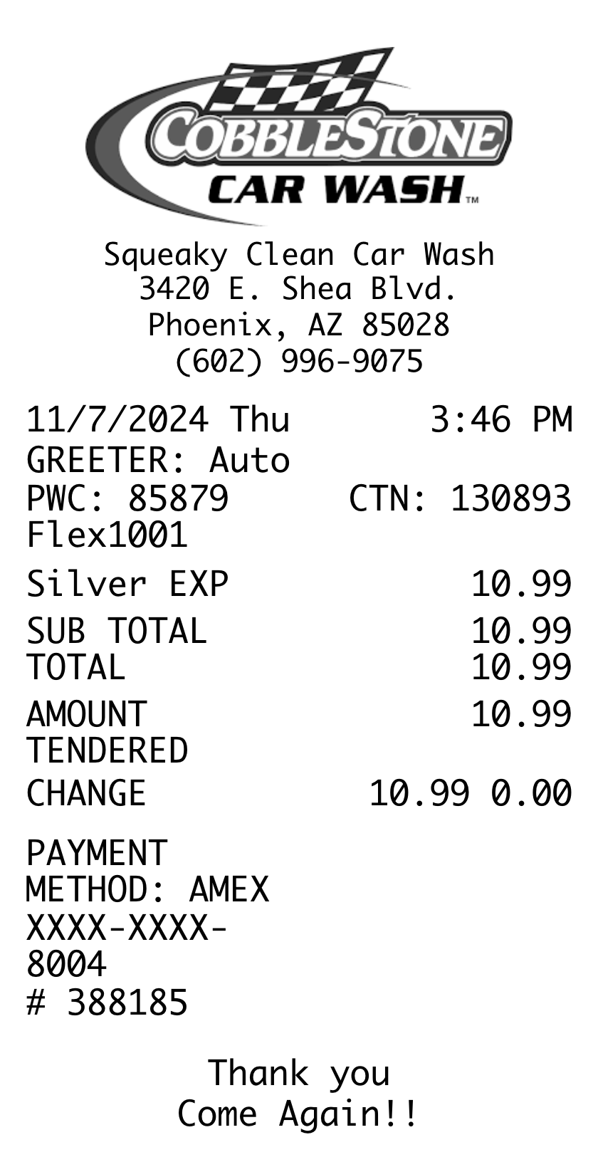 Cobblestone Car Wash receipt