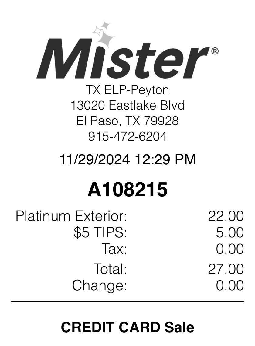 Mister Car Wash receipt