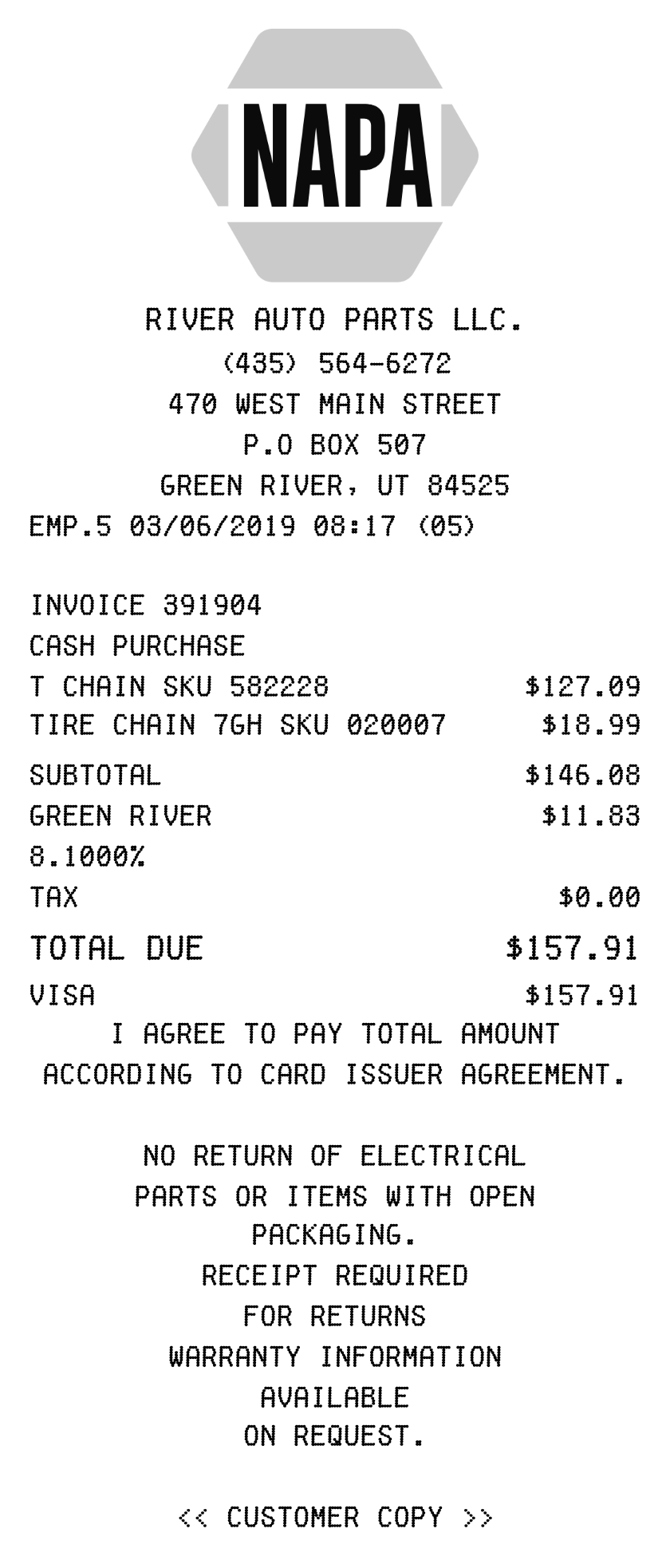 NAPA Auto Parts receipt
