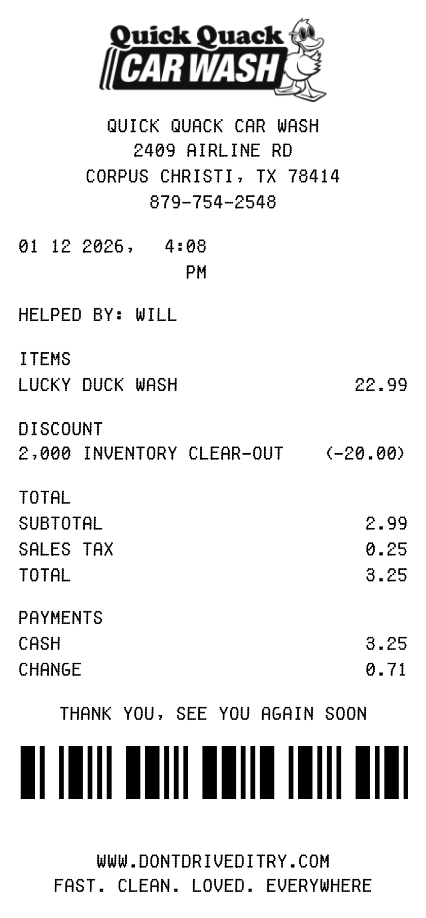 Quick Quack Car Wash receipt