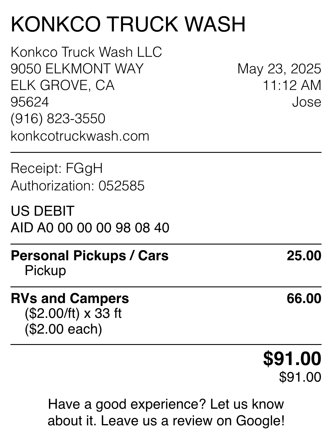 Truck Wash receipt