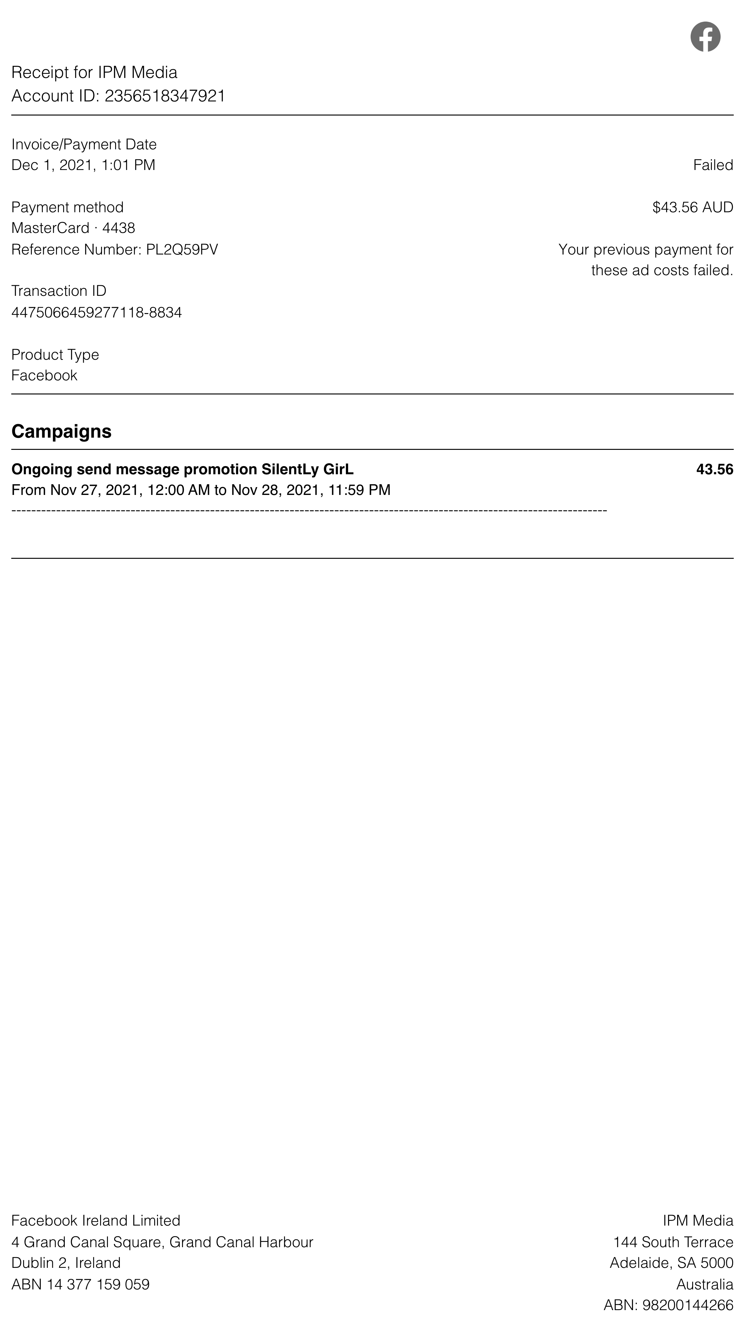 Facebook Ads receipt