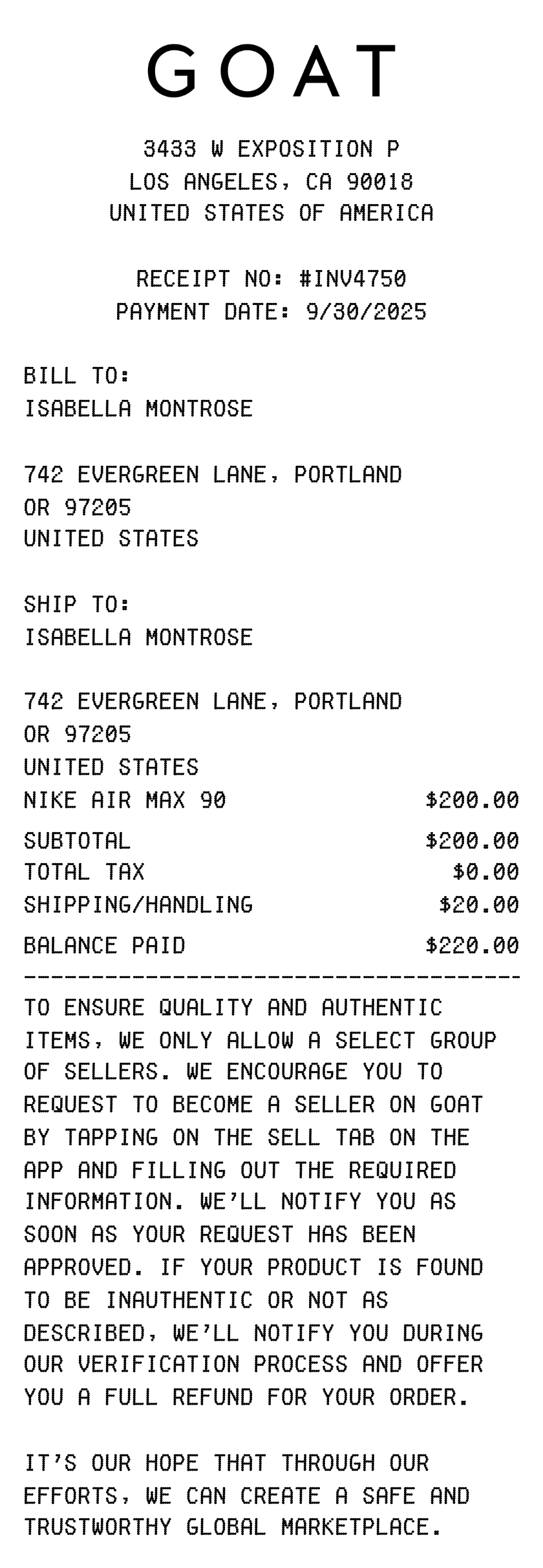 GOAT receipt