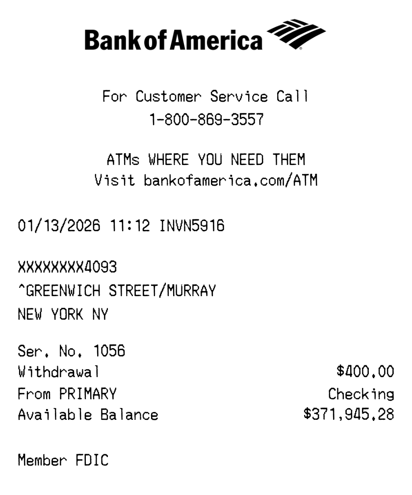 Bank of America receipt