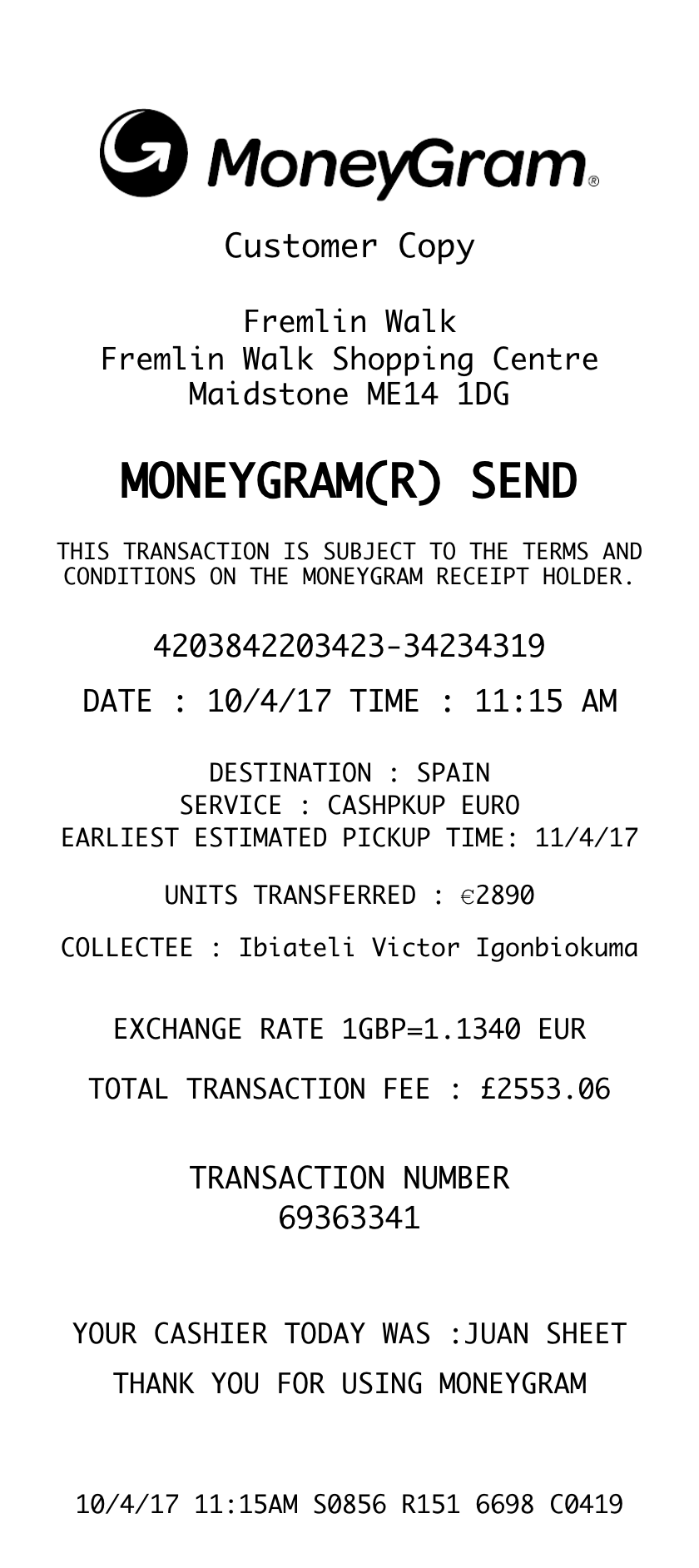 MoneyGram receipt