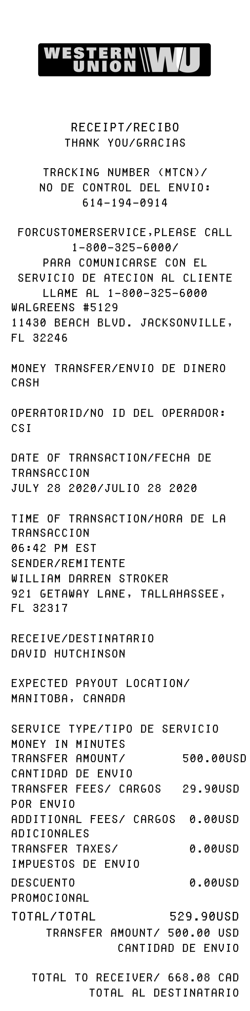 Western Union receipt