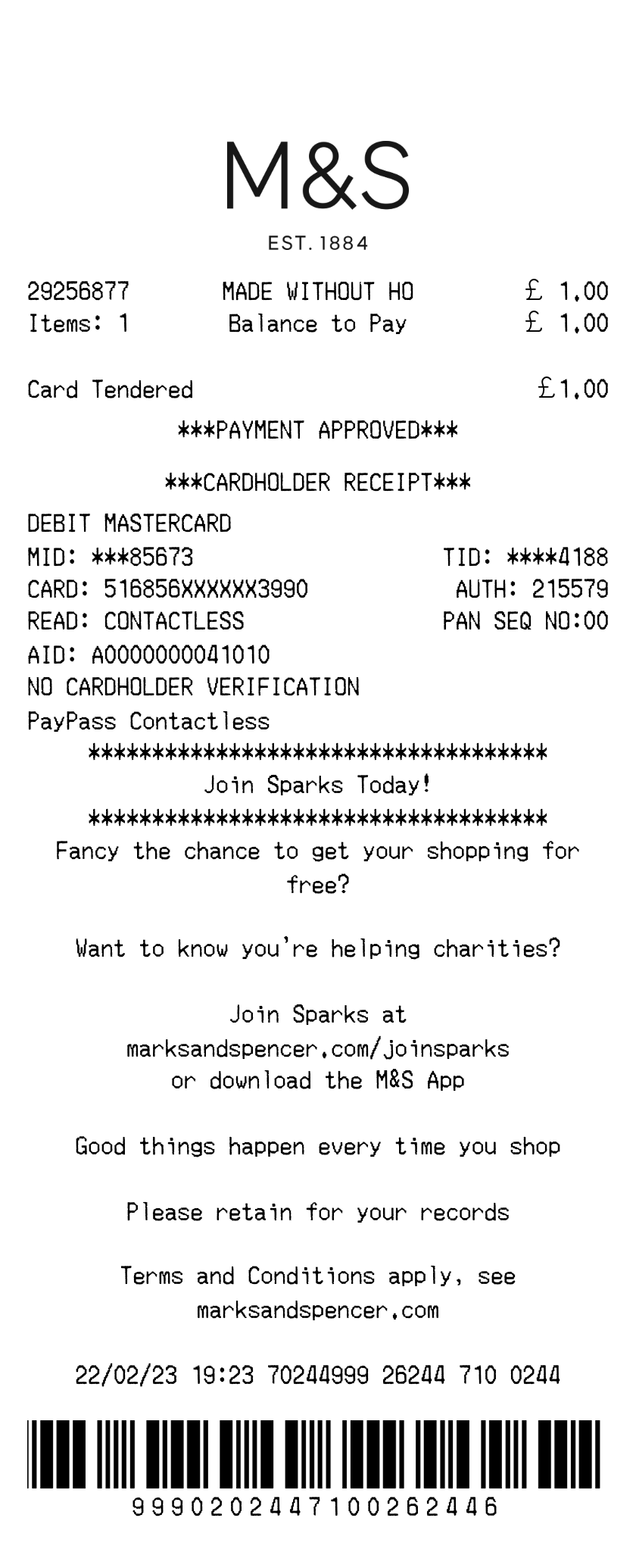 Clothing receipt