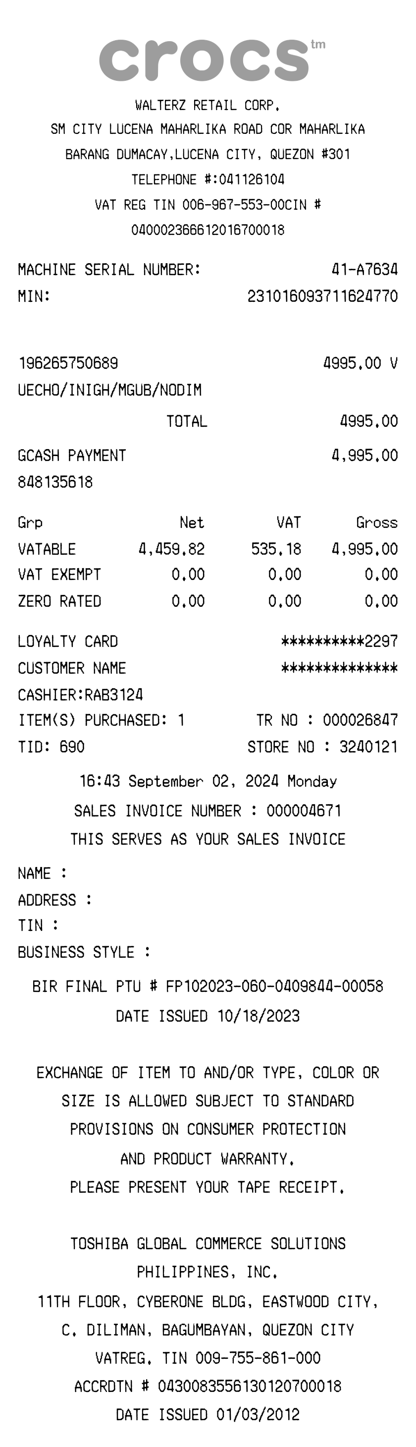Crocs receipt