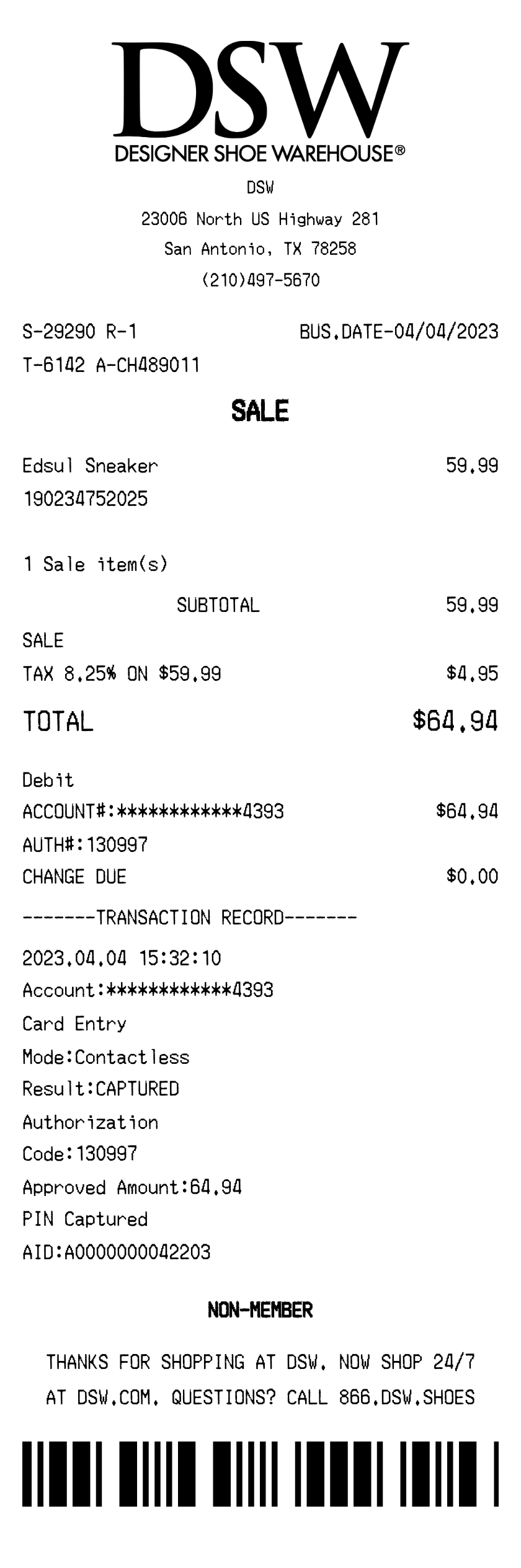 DSW receipt