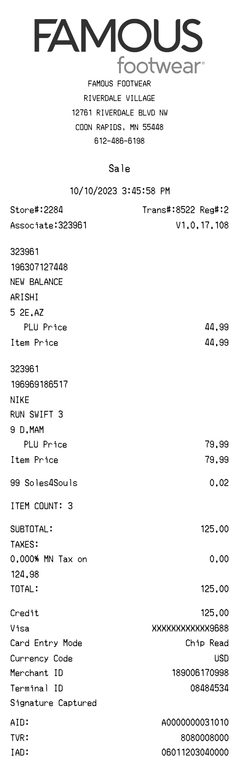 Famous Footwear receipt