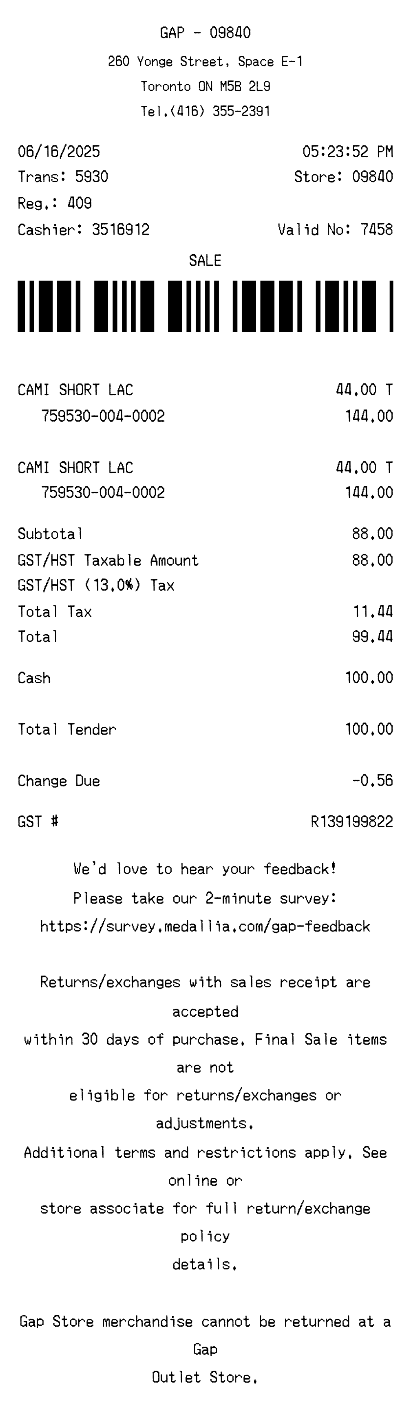 Gap receipt