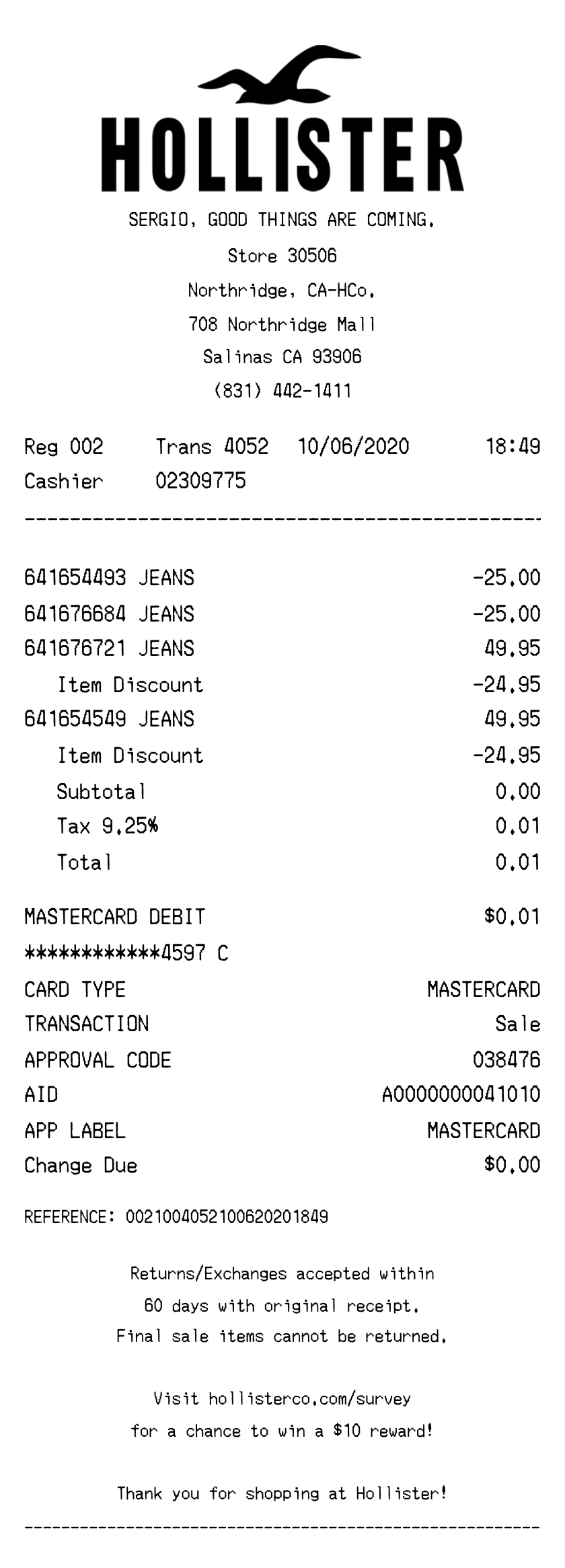 Hollister receipt