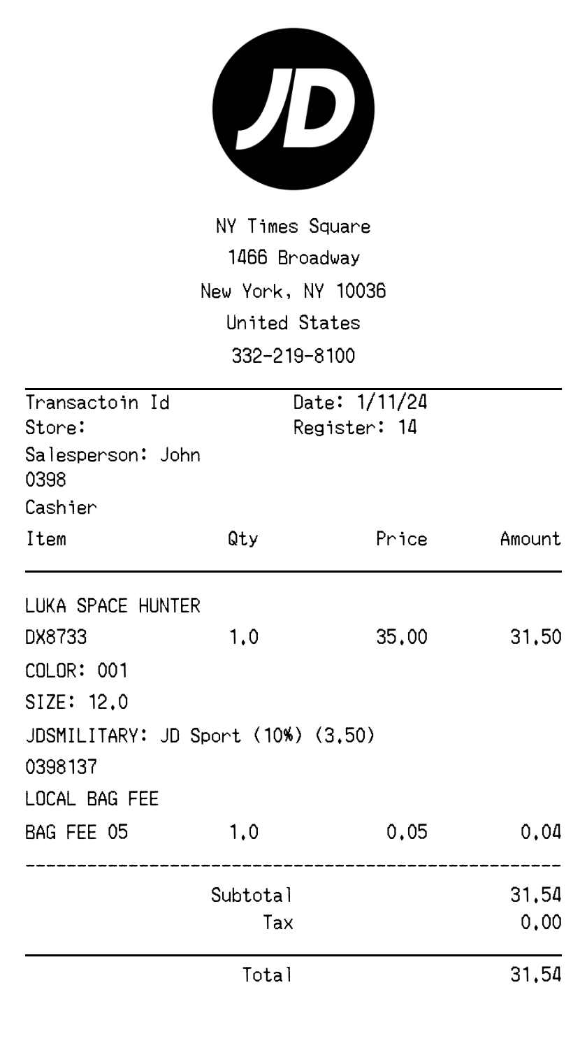 JD Sports receipt