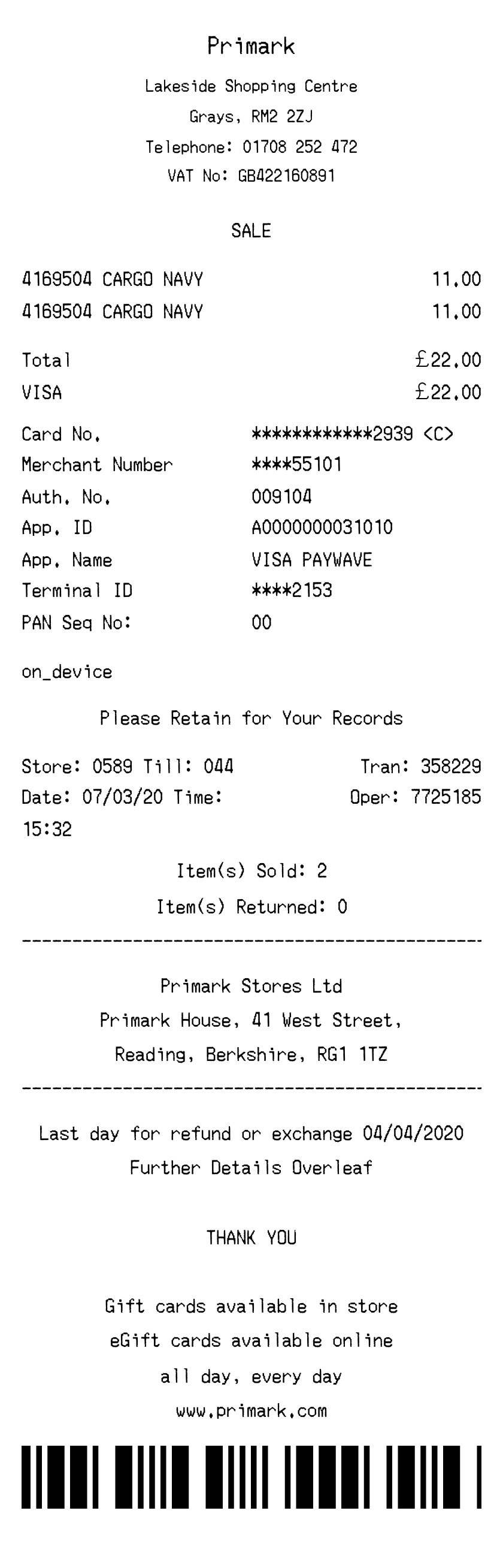 Primark receipt