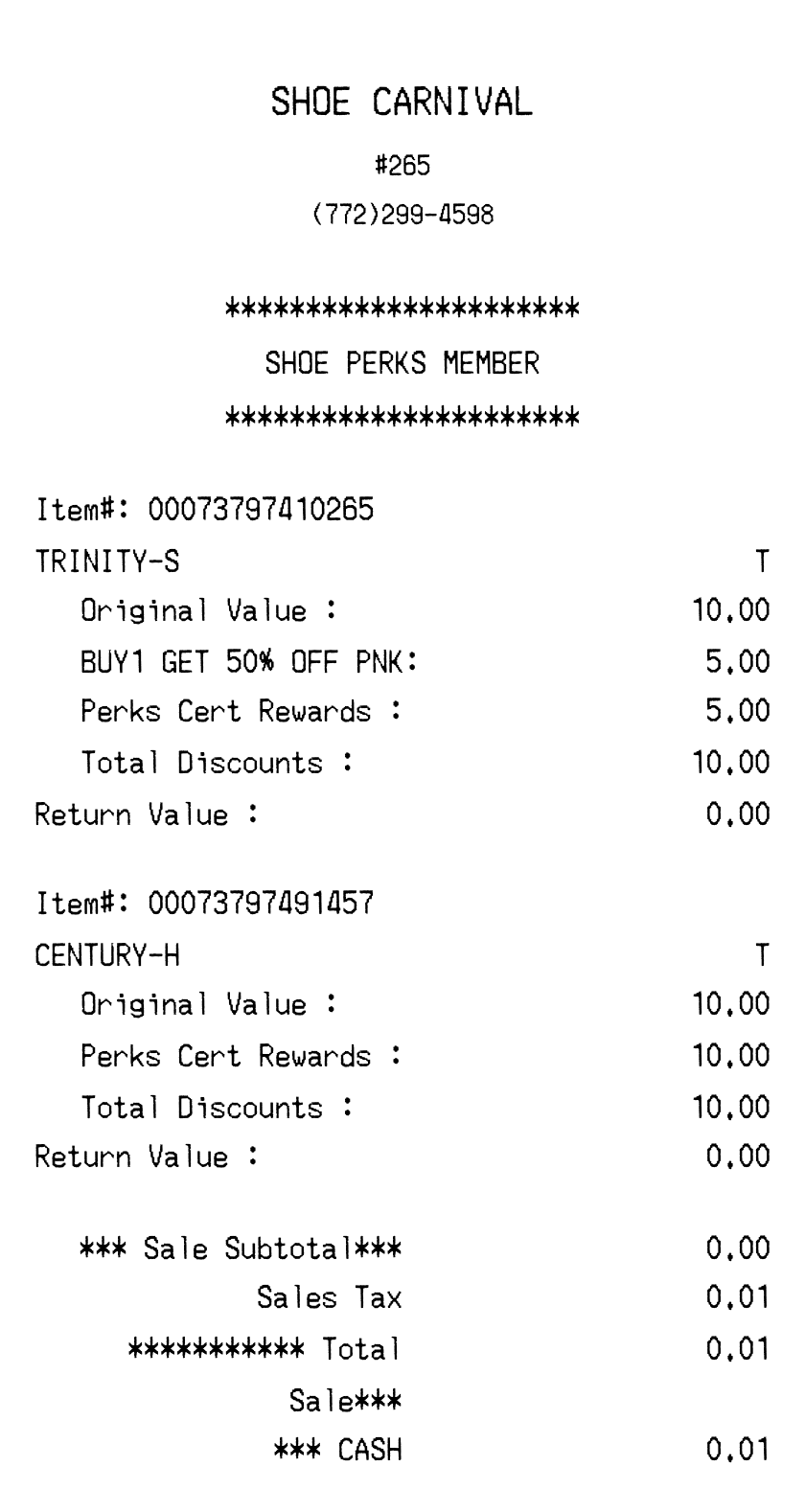 Shoe Carnival receipt