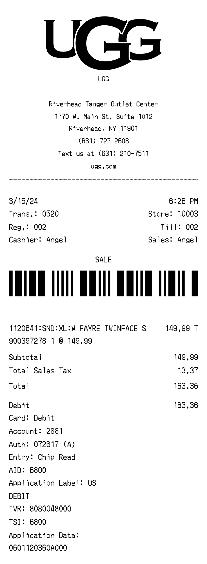 UGG receipt
