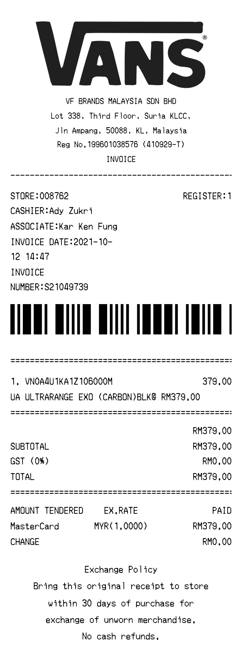 Vans receipt