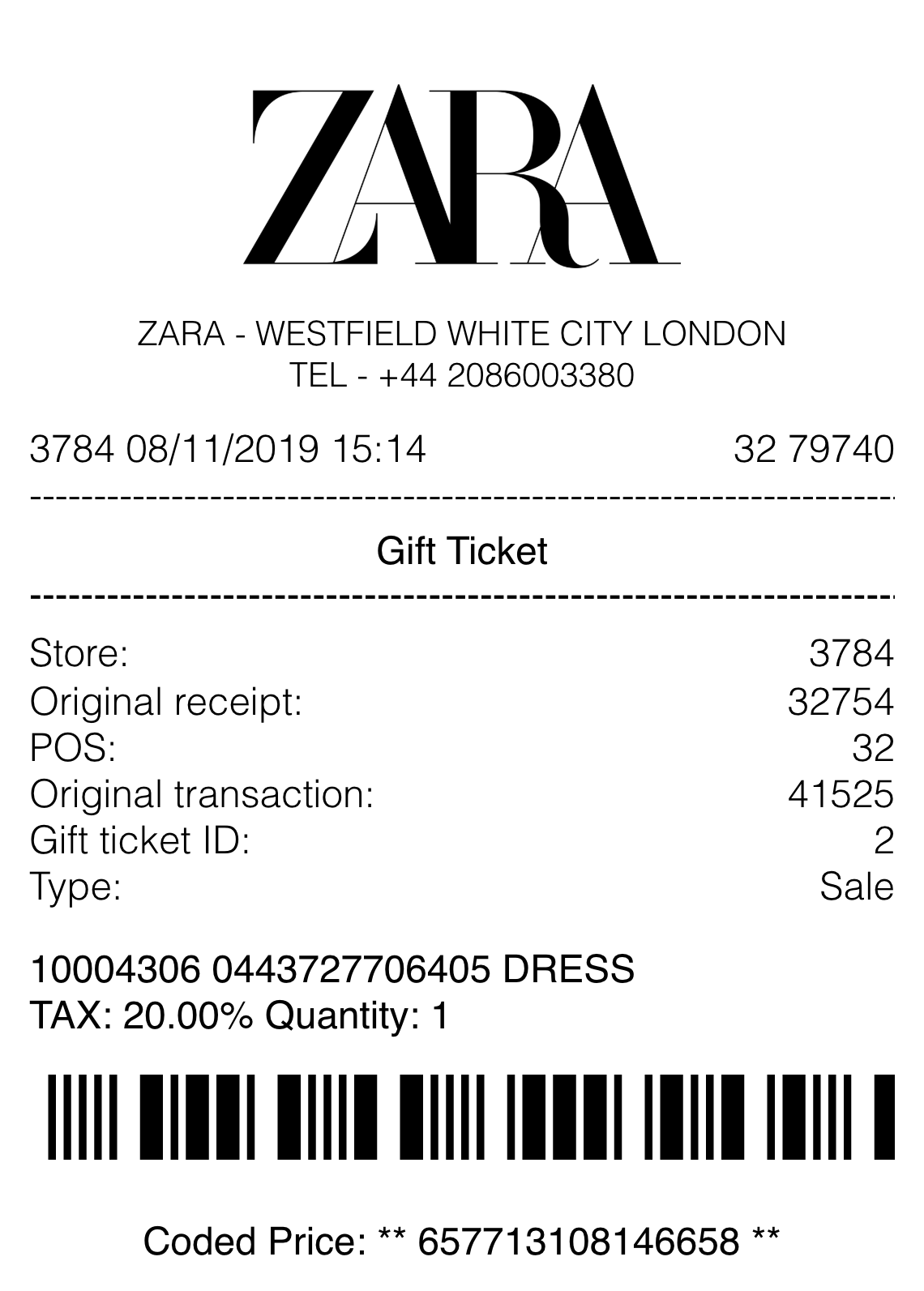 Zara receipt