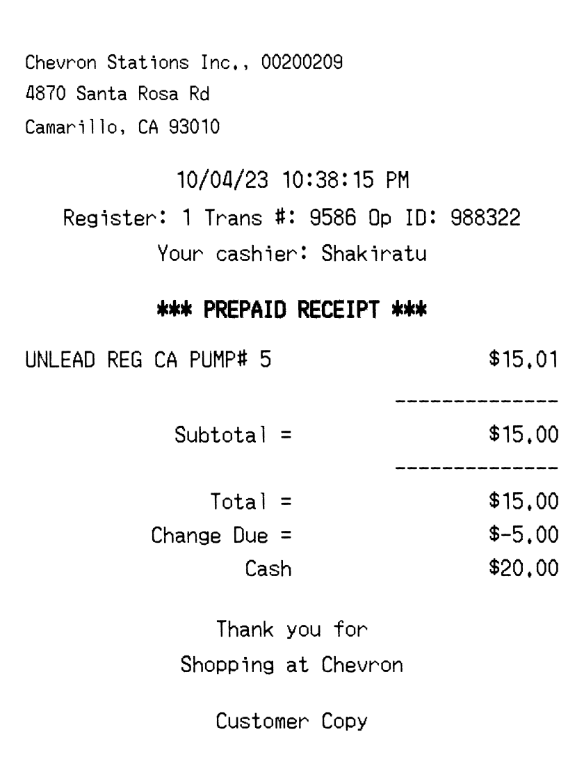 Chevron receipt