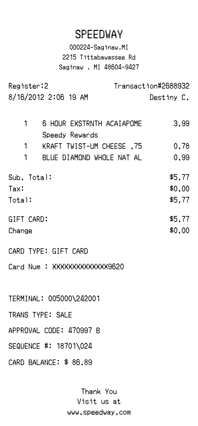 Speedway receipt