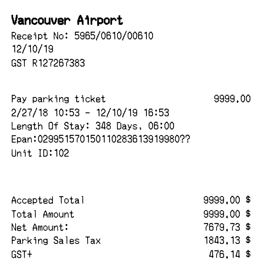 Airport Parking receipt