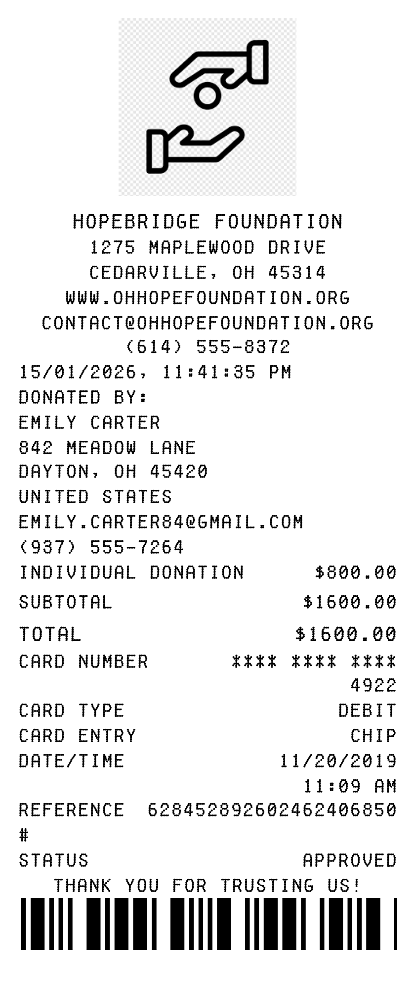 HopeBridge Foundation receipt