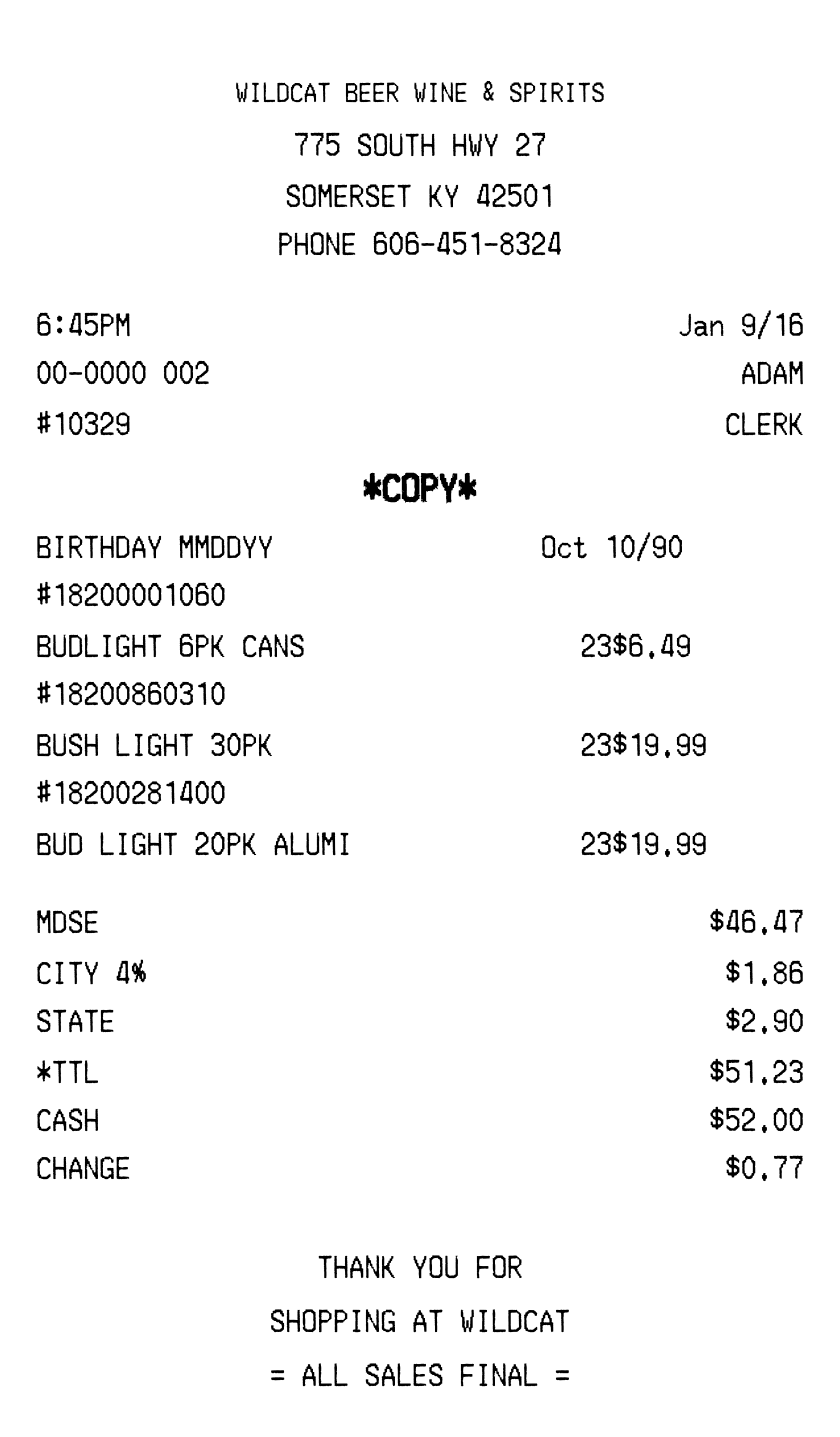 Liquor Shop receipt