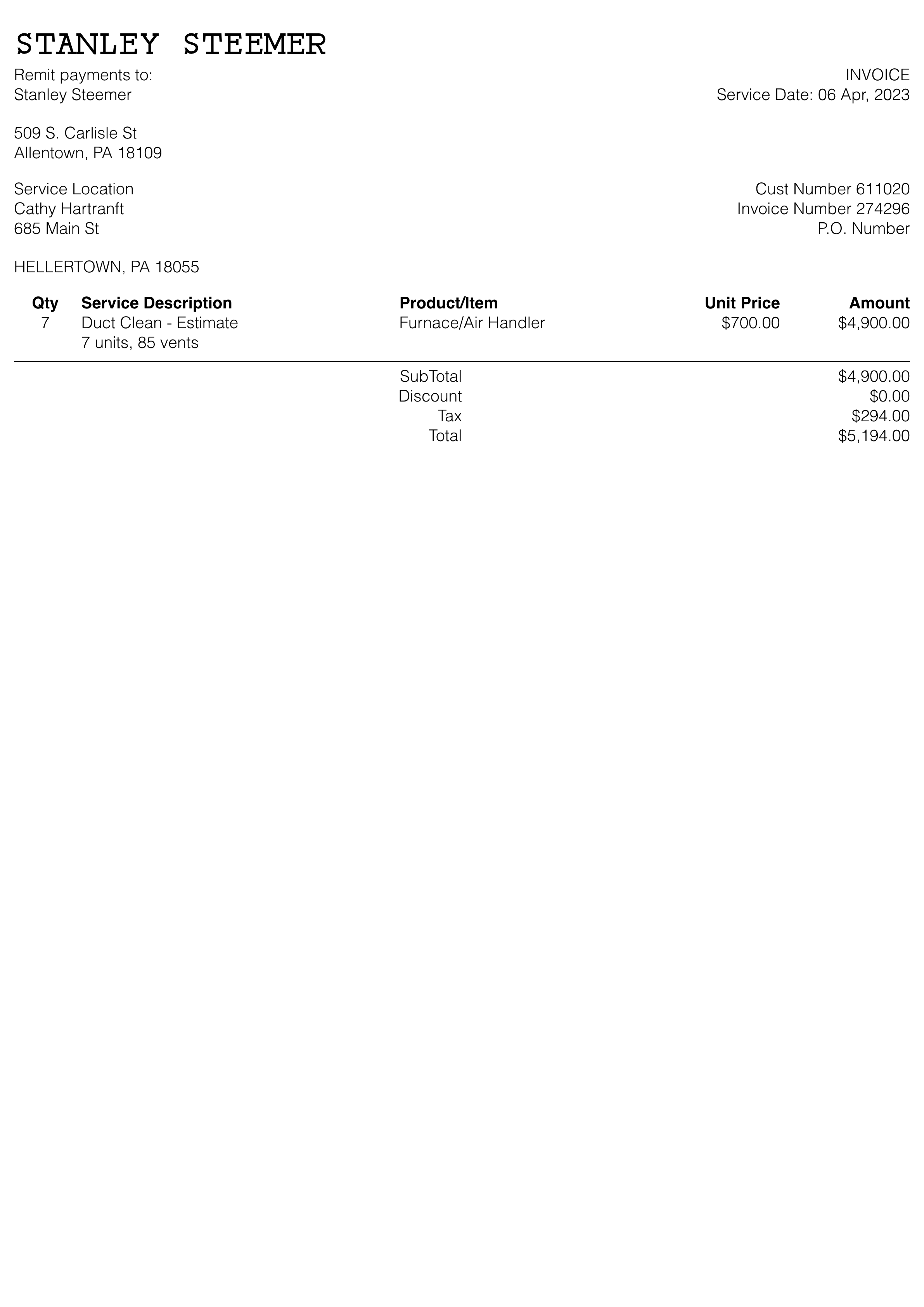Stanley Steemer receipt