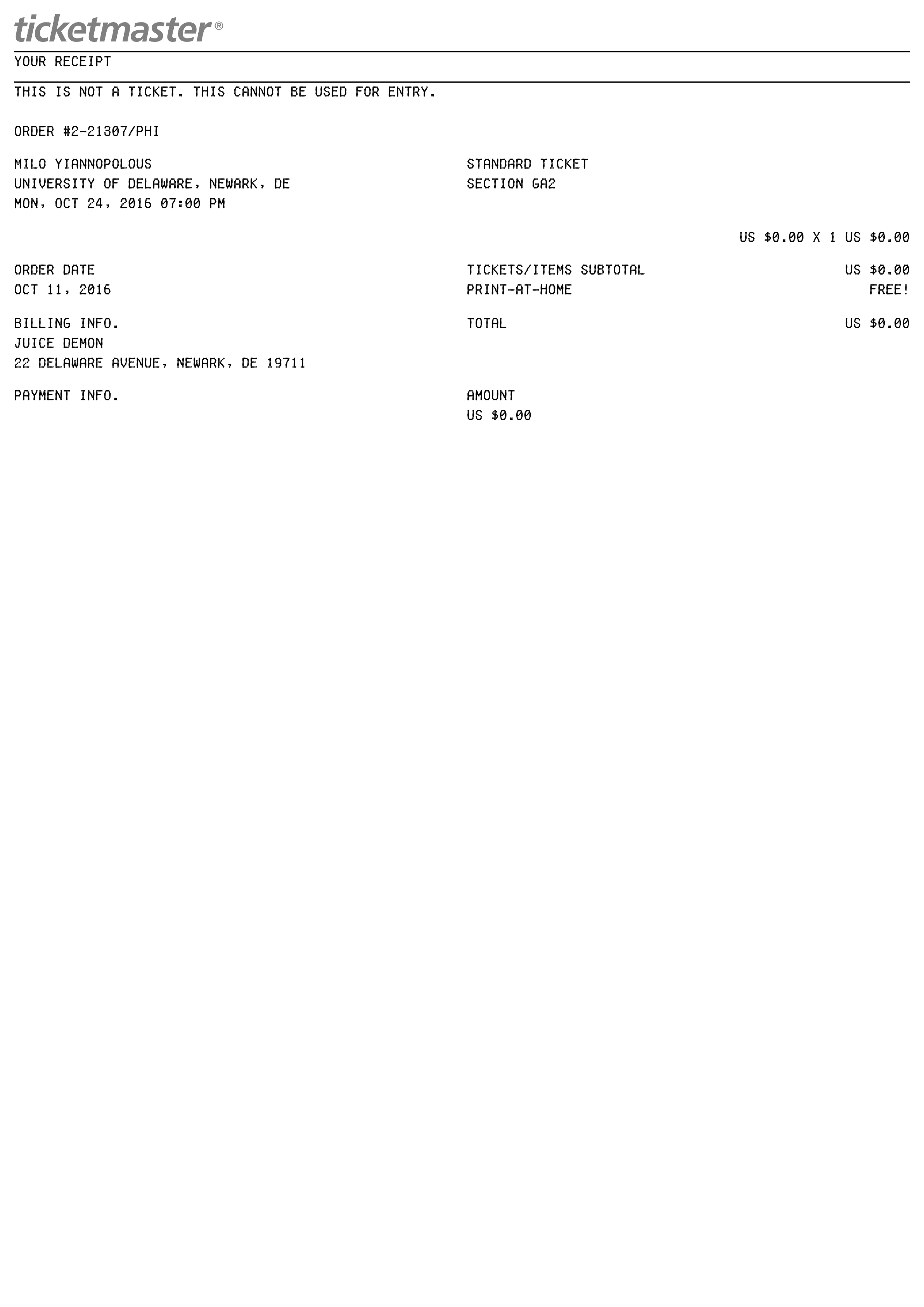 Ticketmaster receipt