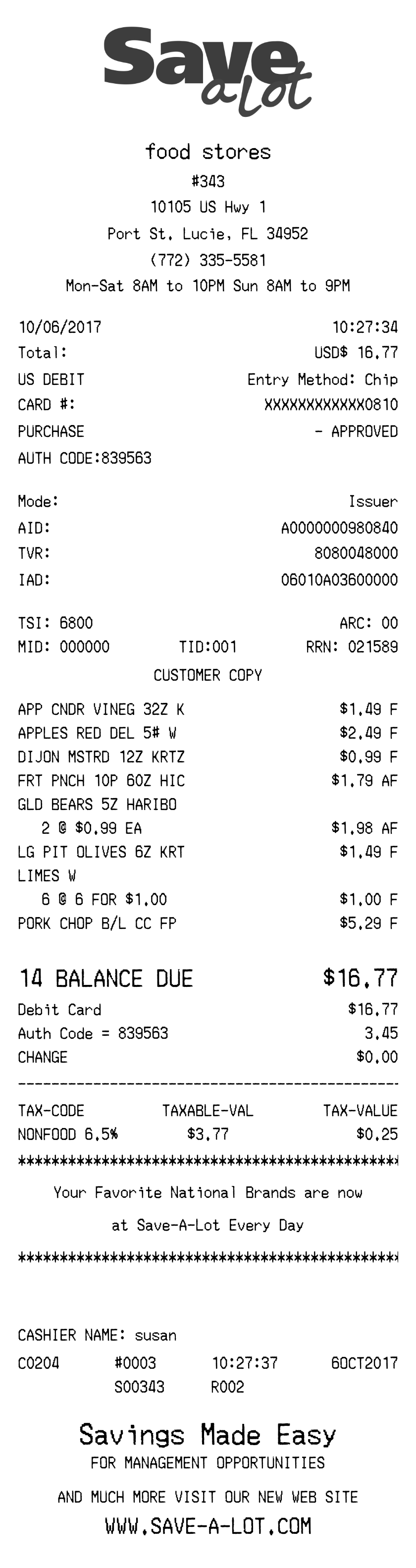 Save A Lot receipt