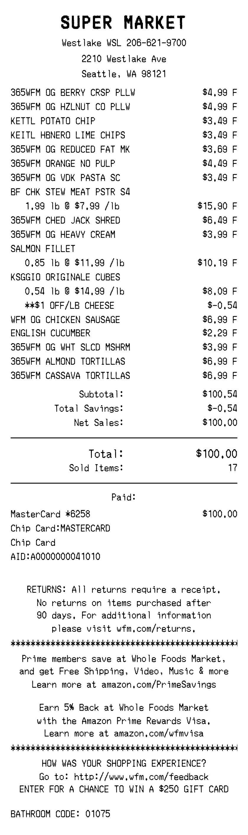 Super Market receipt