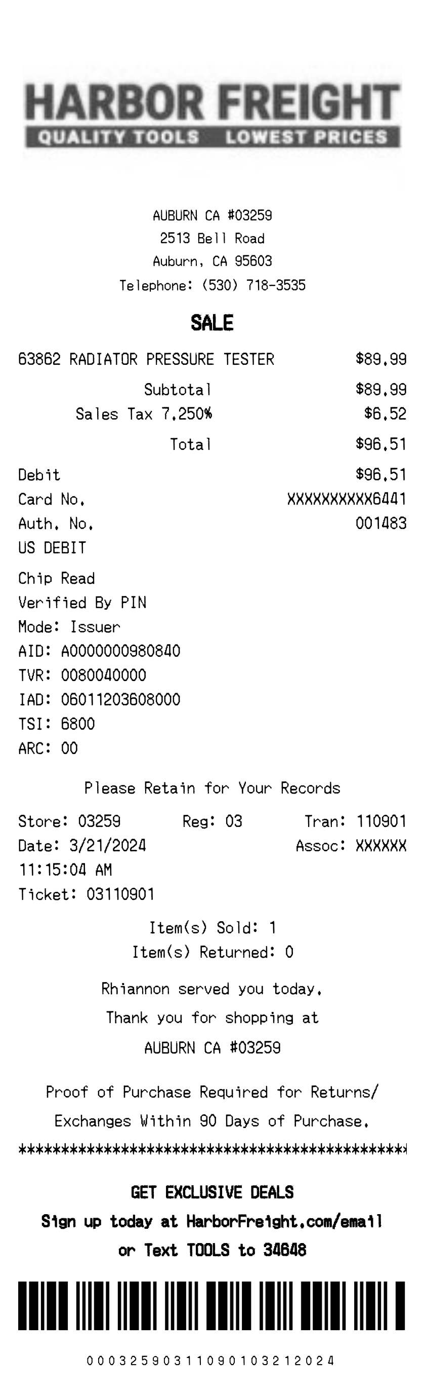 Harbor Freight receipt