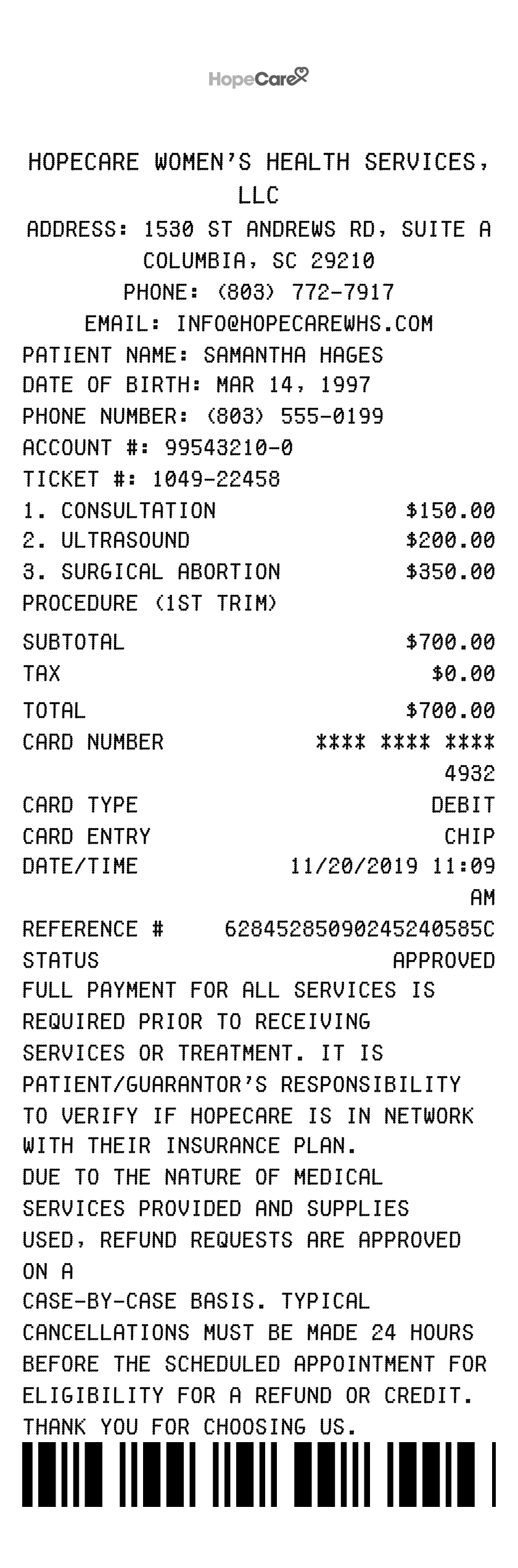 Medical Service receipt