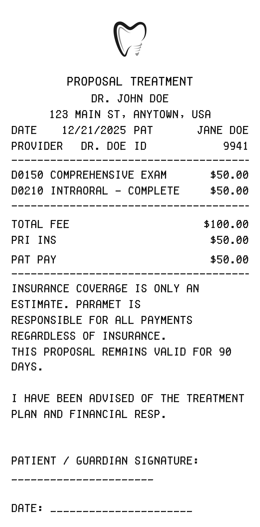 Hospital / Dental Proposal receipt
