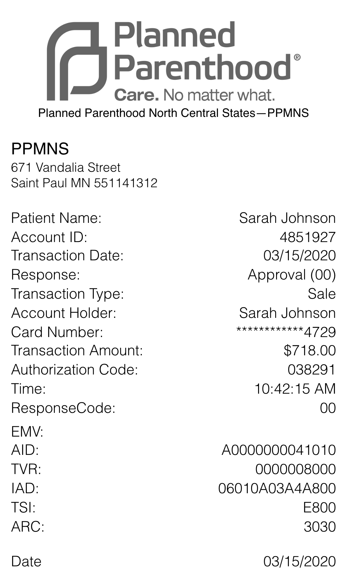 Planned Parenthood receipt