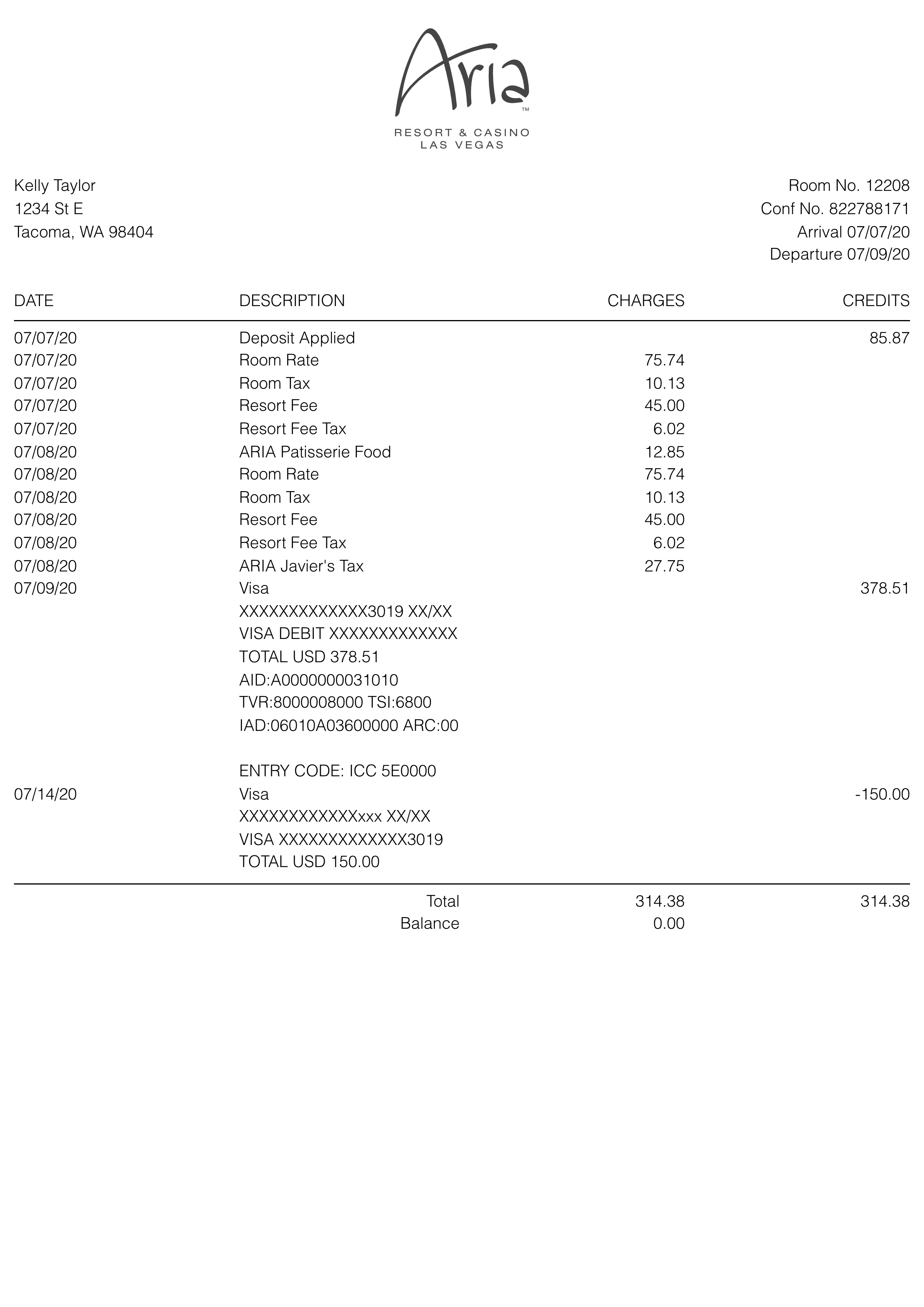 Aria Hotel receipt