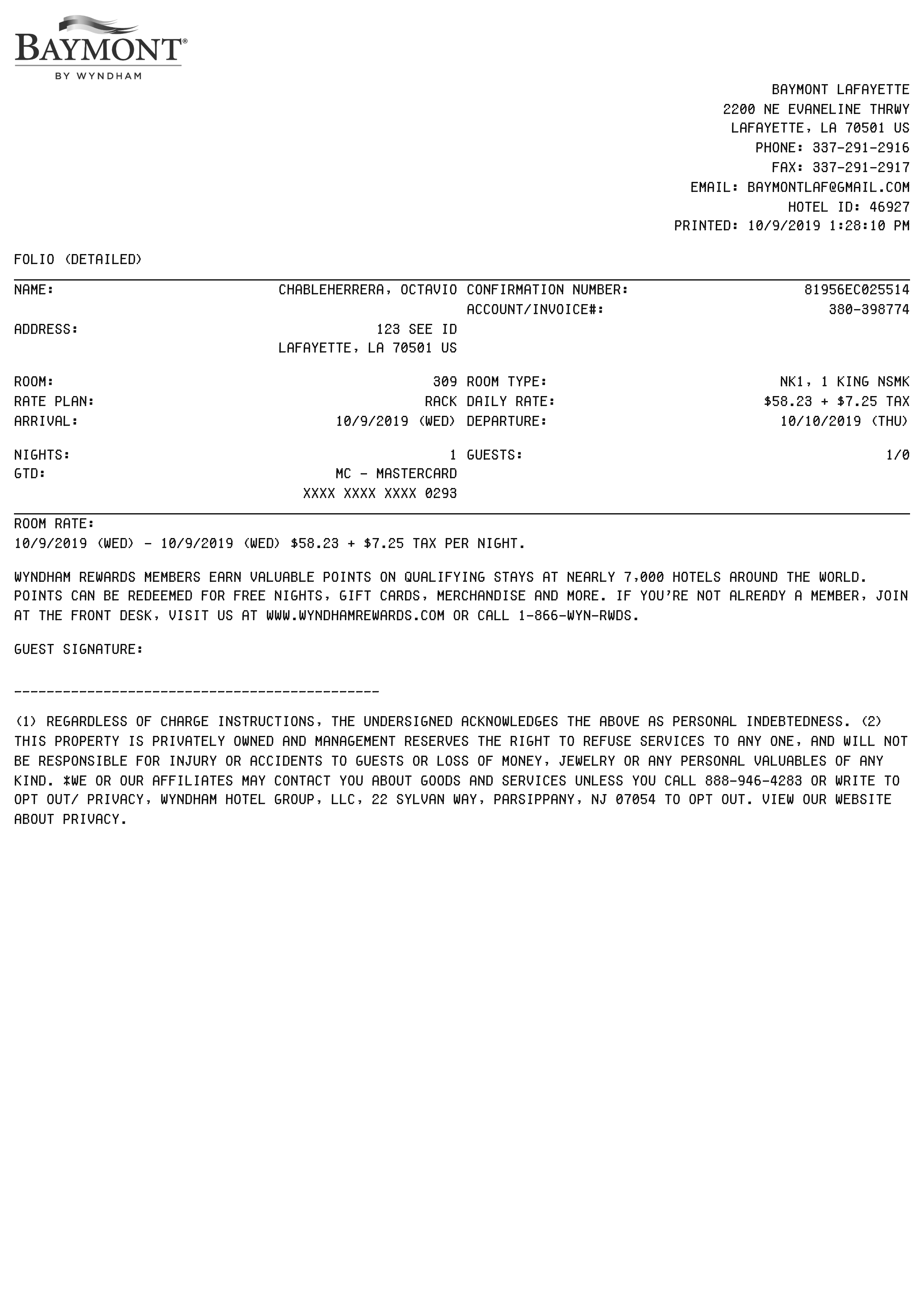 Baymont Hotel receipt