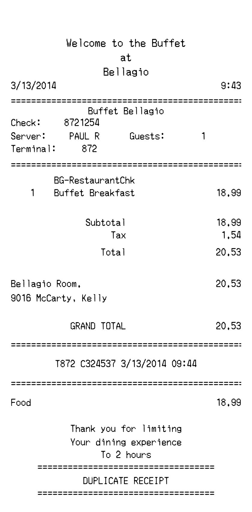 Bellagio Hotel receipt