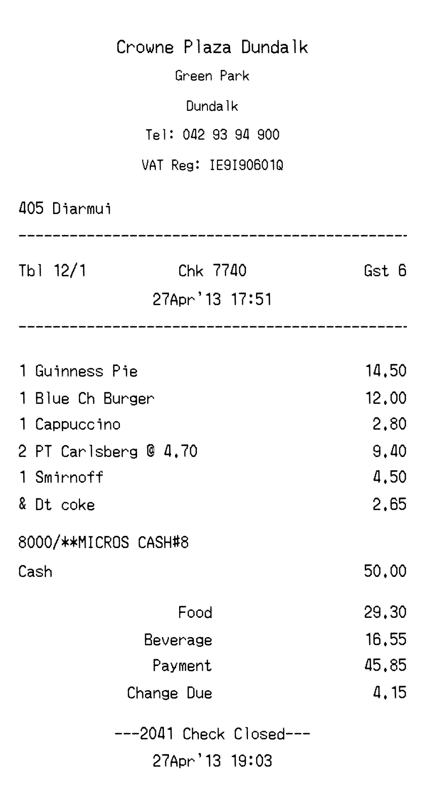 Crowne Plaza Hotel receipt