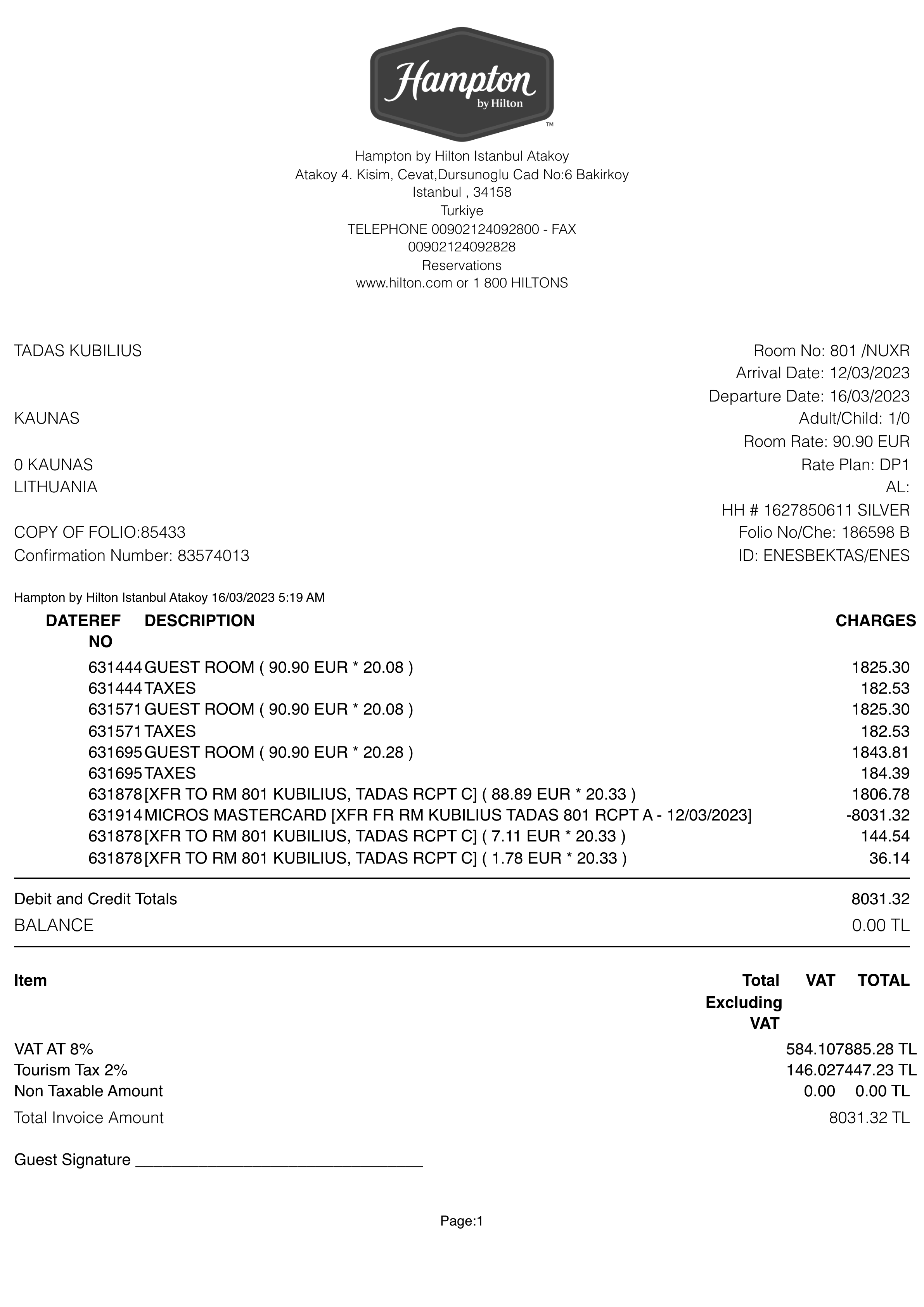 Hampton Inn receipt