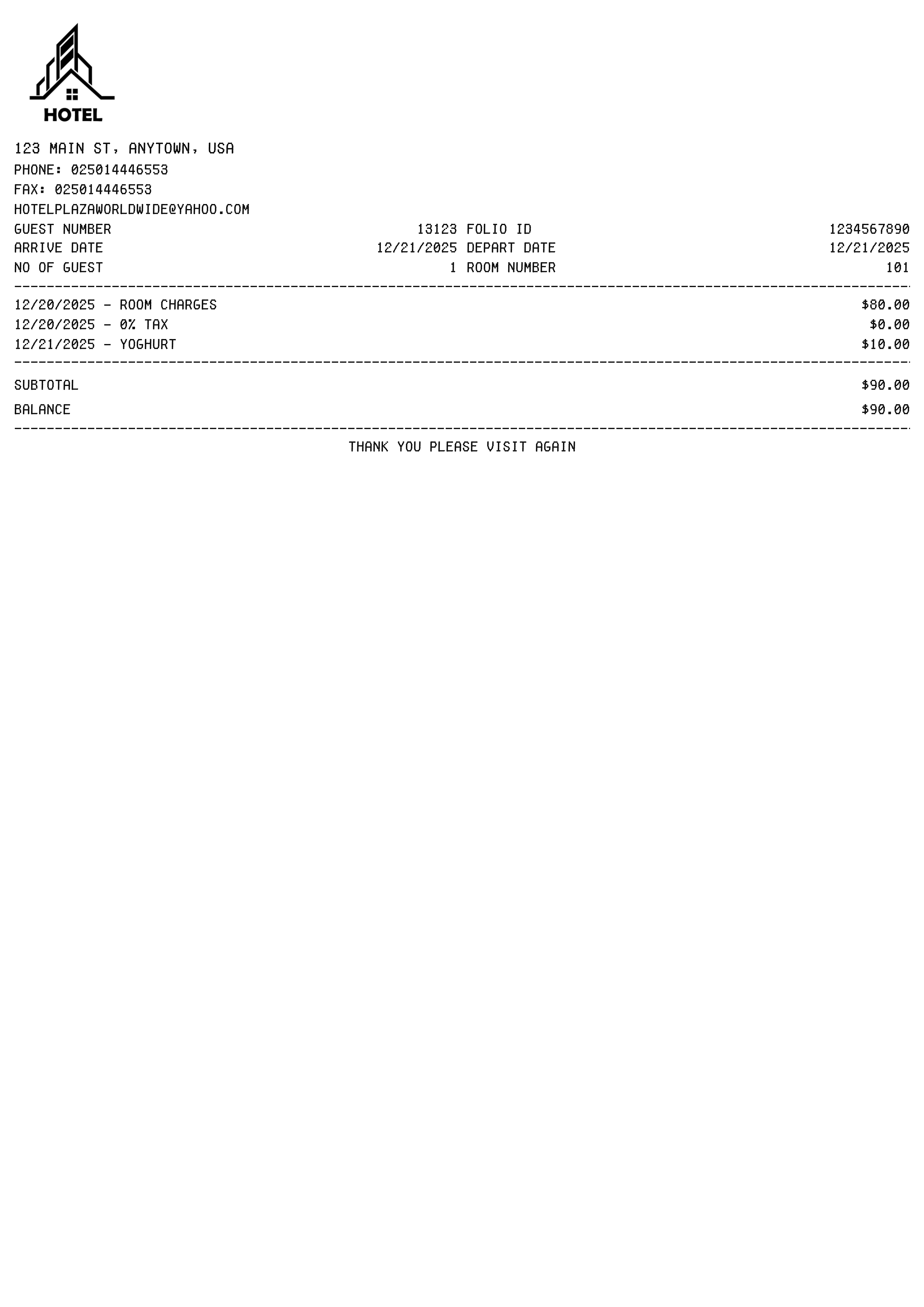 Hotel Room receipt