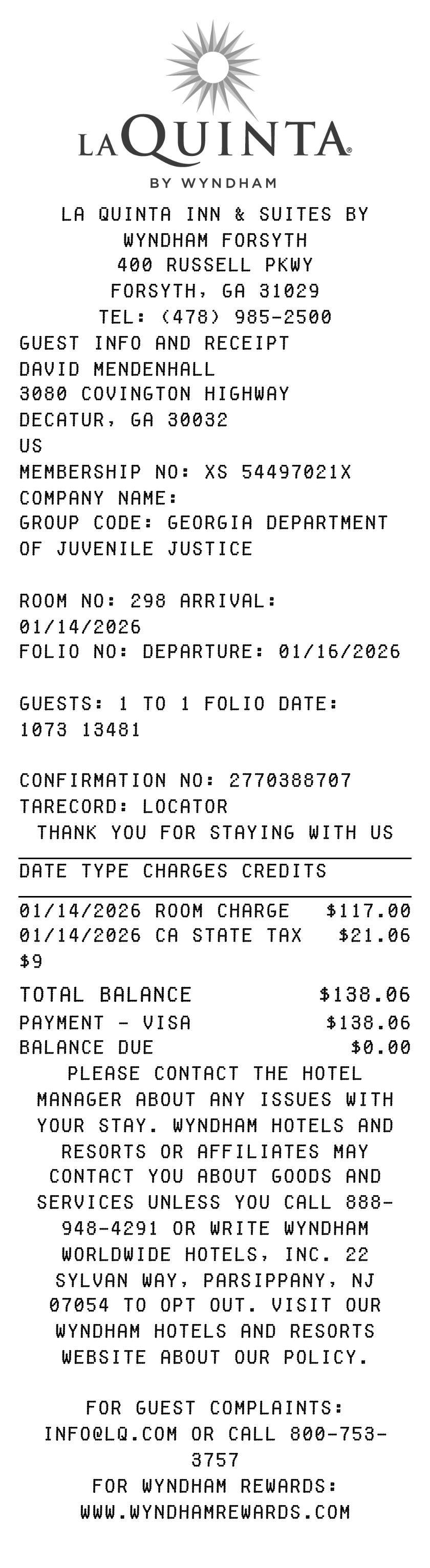 La Quinta receipt