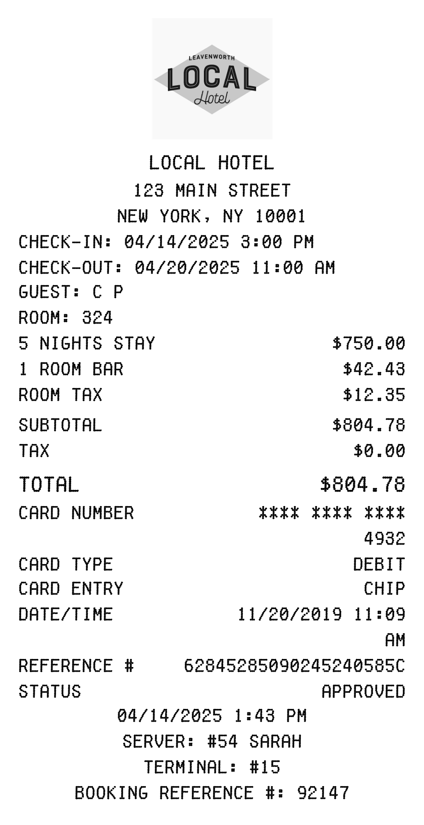 Local Hotel receipt