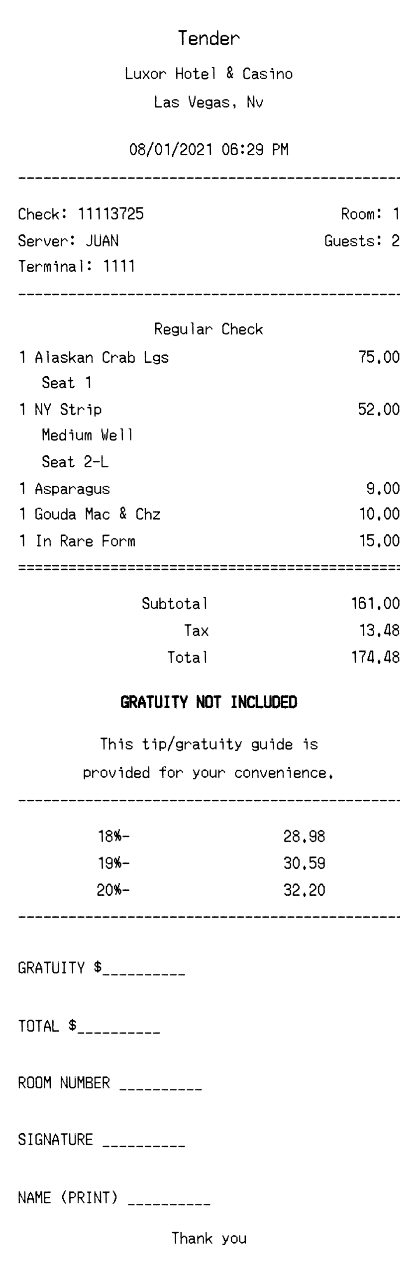 Luxor Hotel receipt