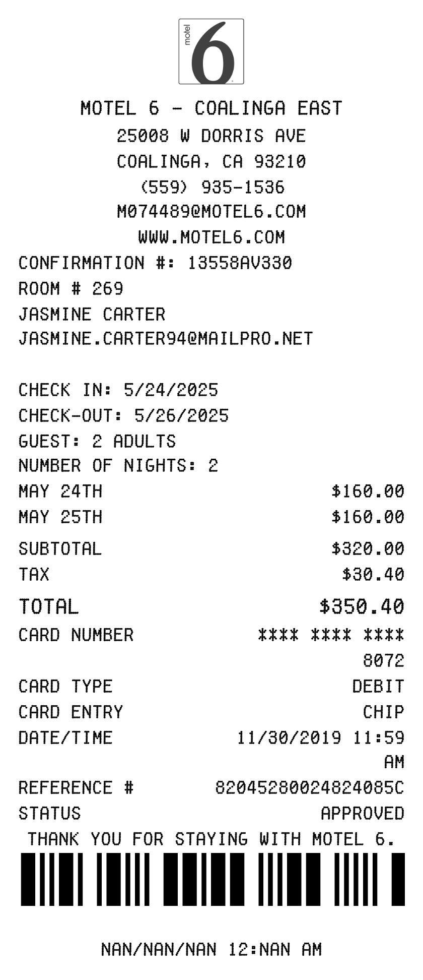 Motel 6 receipt