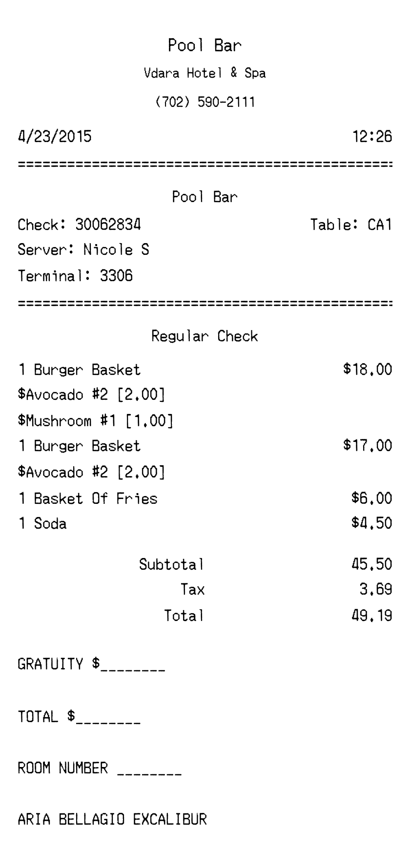 Vdara Hotel receipt