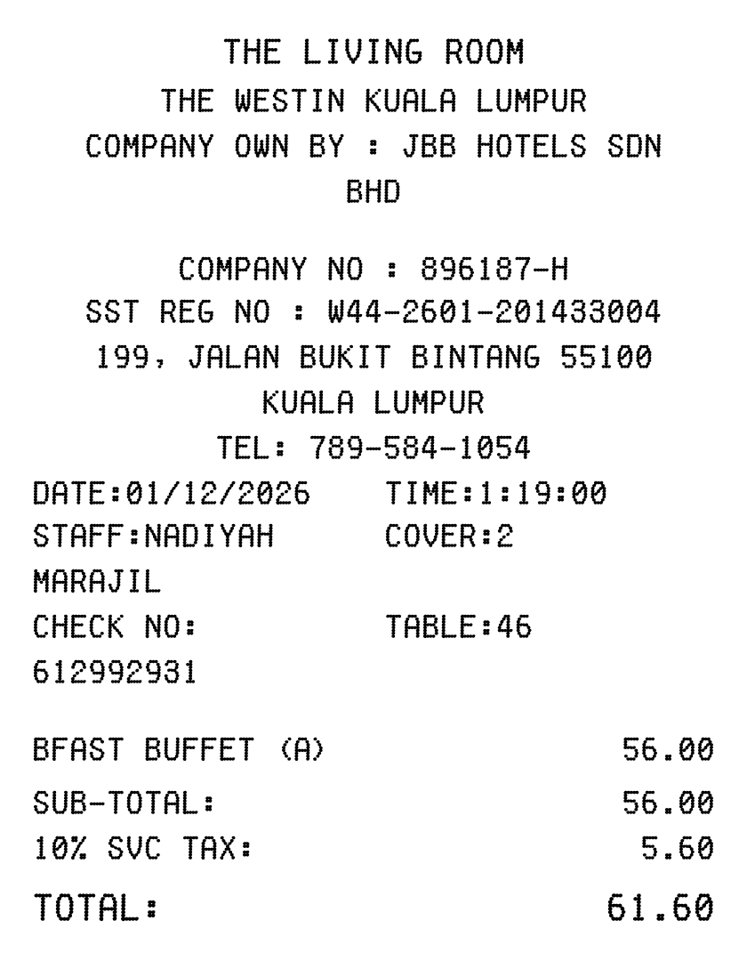 Westin Hotel receipt